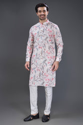 Cream Cotton Linen Floral Printed Kurta Pajama